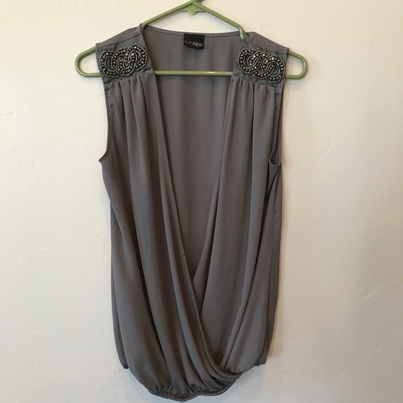 Daytrip Tops - Day Trip Grey Beaded Banded Bottom Cross Body Vest